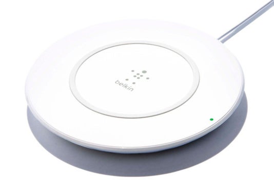 White Belkin wireless charging pad.